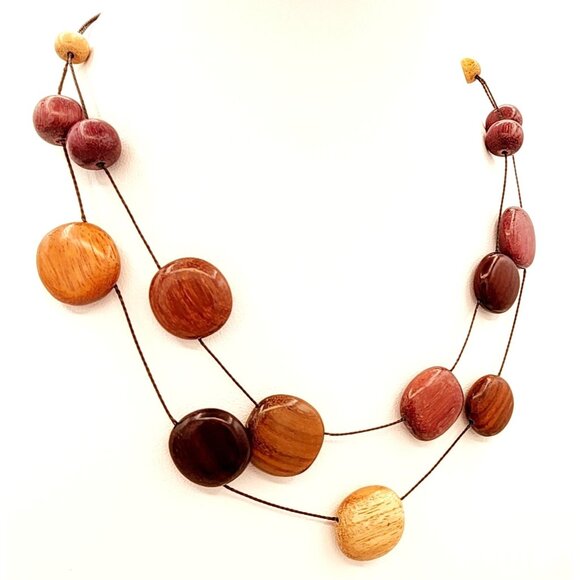 Wine, Plum & Tan Hues Artisan Wooden Bead Multi-Strand Necklace Adjustable Clasp - Picture 2 of 5